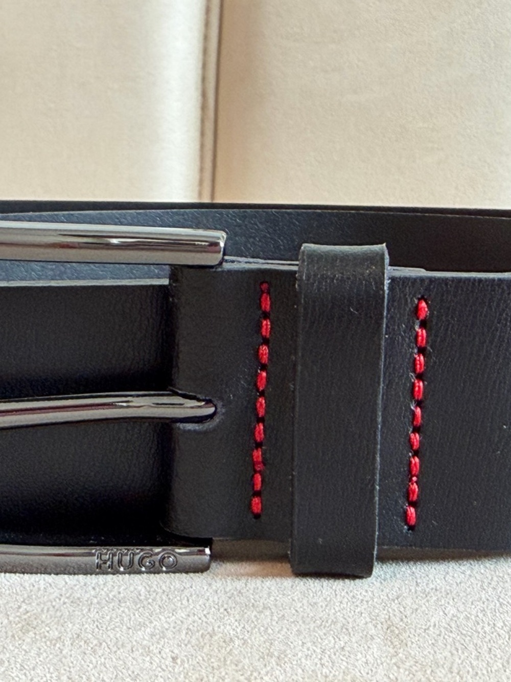 HUGO Black Leather Belt with Red Stitching and Polished Hardware